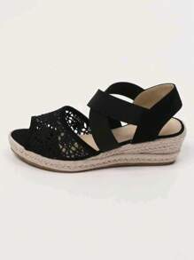 Sandalias de cuña con detalles de cuerda, zapatos de moda para mujer - Negro - Ver 4