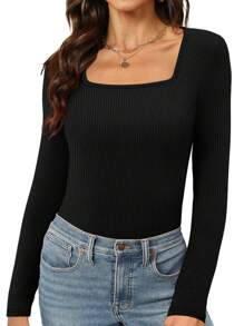 KAHULE Women's  Square Neck Shirt Long Sleeve Tees Fitted Sexy Going Out Tops - màu đen - Xem 1