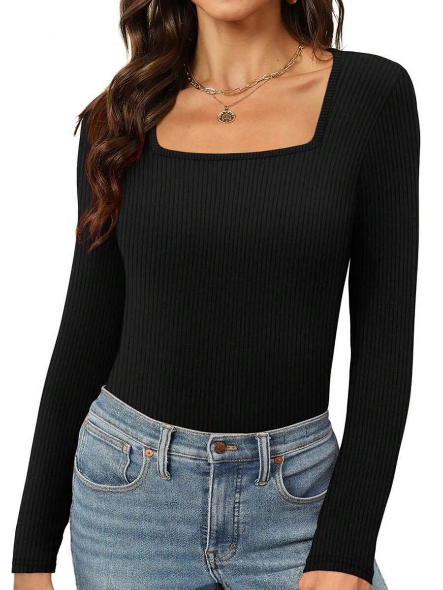 KAHULE Women's  Square Neck Shirt Long Sleeve Tees Fitted Sexy Going Out Tops - màu đen - Xem 1