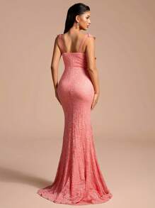 女士优雅蕾丝长裙、雪纺细肩带鱼尾礼服和晚礼服、派对礼服、婚礼宾客礼服、舞会礼服 - 珊瑚粉 - 查看 2