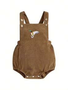 Mono de pana informal estilo rural americano para bebé, mono con cuello cuadrado, sin mangas y botones, con bordado de pato, para niños y niñas - marrón café - Ver 9
