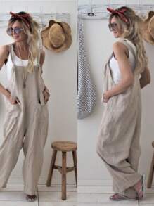 Women Casual Loose Overalls, Sleeveless Straps Baggy Jumpsuit, Wide Leg Vintage Romper Playsuit - 米色 - 查看 2