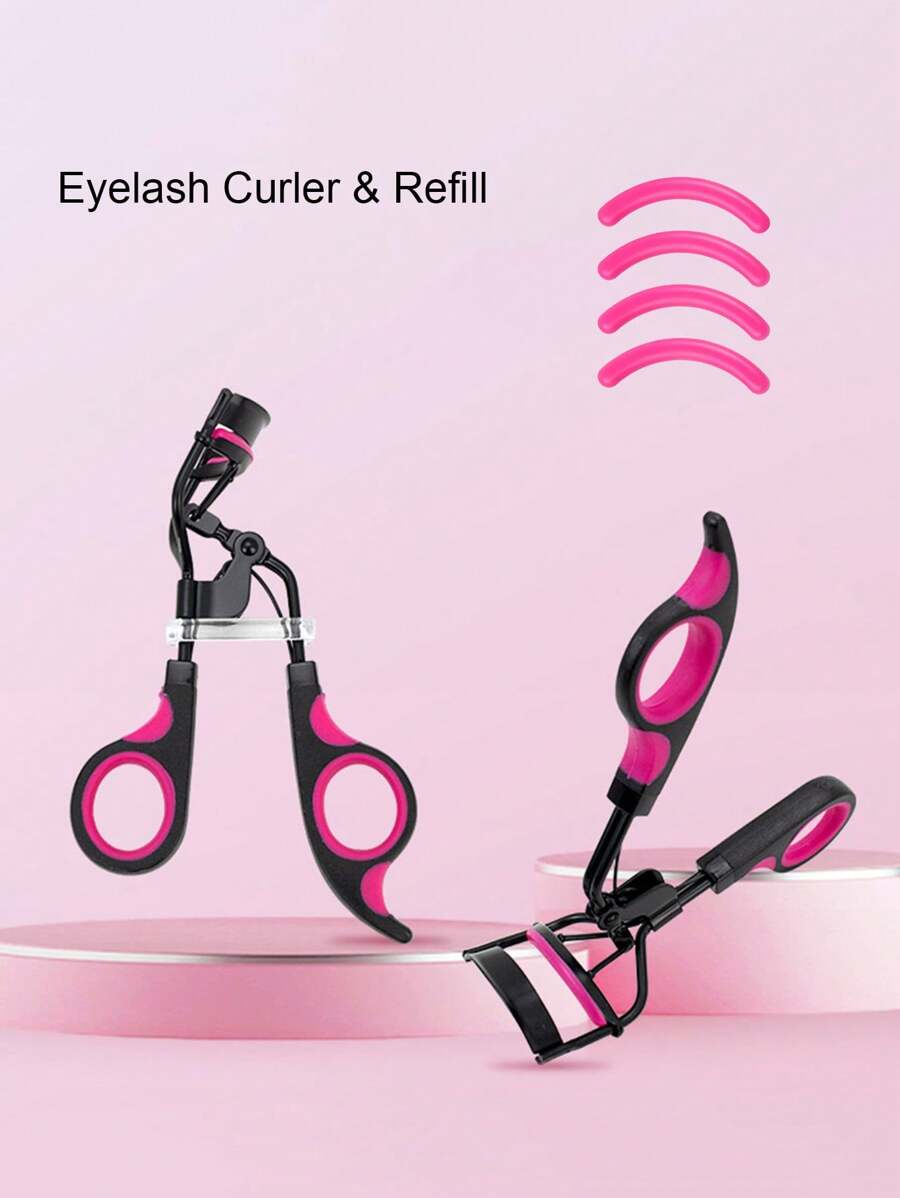 1pc Red & Black Dual-Color Eyelash Curler With 4pcs/8pcs Silicone Refill Pads, Natural Curling Eyelash Shaper Makeup Tool - Black - View 1