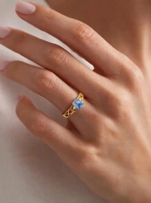1pc S925 Sterling Silver Retro Courtly Style Semi-Skeletonized Square Diamond Ring For Women Ladies Jewelry Fine Jewelry Gift For Couple Datting Decor For Prom - Gold - View 2