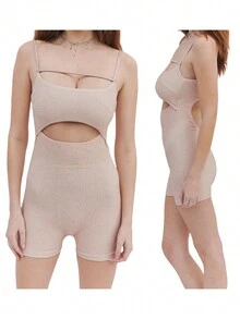 Women Solid Color Sling Playsuits Hollow-Out Sleeveless Backless Spaghetti Strap Skinny Short Jumpsuits Rompers - Caqui - Ver 6