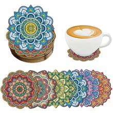 6pcs Sunflower, Mandala Floral Pattern Wooden Coasters, Round Shape, Anti-Slip Tabletop Art Coasters For Adults, Office, Tea House, Home, Crafts & Gifts