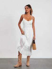 Women Sling Dress, Spaghetti Straps Button Closure Lace Patchwork Hollowed Summer Long Dress