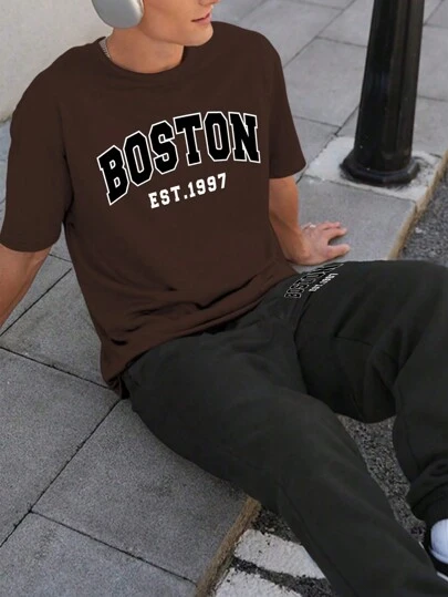 男士波士顿英式图案休闲日常短袖 T 恤和长裤 2 件套