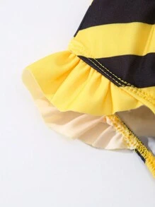 Infant Girl Ruffled Strap Cute Honeybee Embroidery Sense Of Design Exposed Waist Striped Bodysuit Swimsuit - Multicolor - View 8