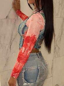 Printed Cropped Long Sleeve Top - Red - View 2