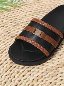 Sandales de plage mode polyvalentes de style décontracté avec boucle, large bande rayée noire, semelle double, style punk - Noir - Voir 7