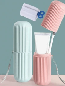 1pc Portable Travel Toothbrush Box Set, Wash Cup With Lid, With Toothpaste Squeezer,Toothpaste, And Toothbrush Storage Box Mouthwash Cup,Portable Oral Cleaning Set, Toothbrush Storage Box, White And Red Dust-Proof Toothbrush And Toothpaste Holder Set, Essential For Home Travel. - Multicolor - View 5