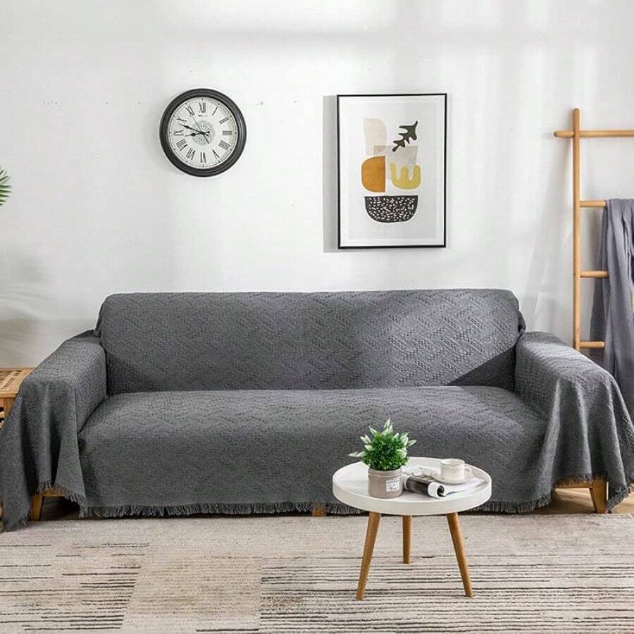 Loveseat Cover Sheet Blanket, Cotton Woven Reversible Anti Slip Cushion Covers 2 Seater Couches With Armrest, Living Room Furniture Decor Slipcovers Protector Pets - 深灰色 - 查看 1