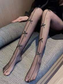 1件蝴蝶结装饰渔网袜，蝴蝶结细节渔网长袜，圣诞礼物，性感黑色镂空蝴蝶网眼袜 - 黑色 - 查看 6