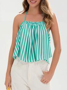 Women Halter Neck Tops Summer Striped Print Bandage Backless Shirts Vest - Green - View 1