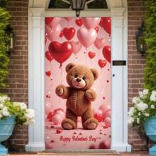 2D Door Banner, 1 Piece Valentine's Day Heart-Shaped Wreath Door Decoration - 35.4x70.8 Inches, With Red Hat, Bow, And Heart Accents, Polyester, No Power Required - Ideal For Entrance And Room Decor