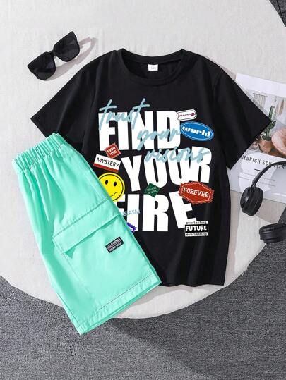 Tween Boys Letter Graphic Print Short Sleeve T-Shirt & Embroidered Letter Woven Shorts Set