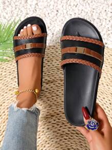 Sandales de plage mode polyvalentes de style décontracté avec boucle, large bande rayée noire, semelle double, style punk - Noir - Voir 4