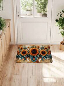 1pc Bohemian Sunflower Bathroom Decor Mat, Geometric Rhombus Flannel Kitchen Carpet, Absorbent, Quick Dry And Anti-Slip, Suitable For Bathroom, Kitchen, Living Room, Home Decor