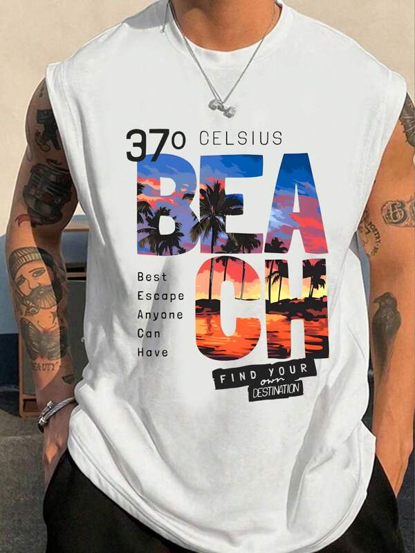 Herren Mode Flacher Buchstaben-Muster Rundhals Breiter Träger Sommer Lässig Urlaub Tanktop