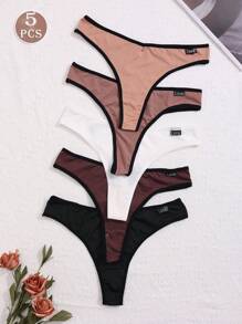 5 Packs Women's Multi-Color Thongs, Casual And Comfortable Mid-Stretch Low-Waist Bound Briefs