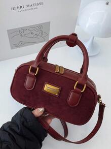 配有毛绒吊坠的女士波士顿包，大容量软皮手提包，适合所有季节通勤，秋冬季，女士包包优雅 - 酒紅色 - 查看 6