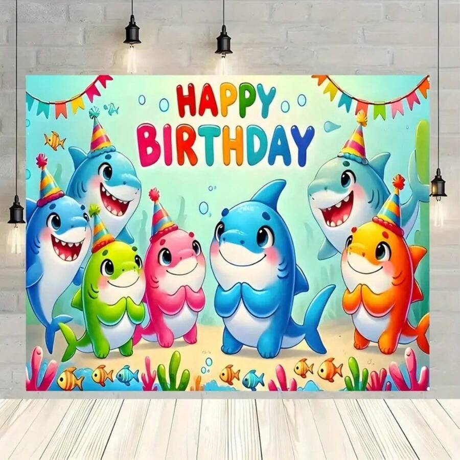 1 件水下鲨鱼家庭生日派对背景布、摄影背景、生日礼物