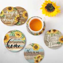 6pcs Sunflower, Mandala Floral Pattern Wooden Coasters, Round Shape, Anti-Slip Tabletop Art Coasters For Adults, Office, Tea House, Home, Crafts & Gifts