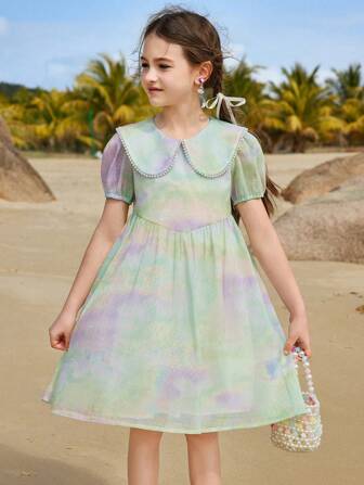 ASK JUNIOR Tween 女童闪亮网眼荷叶边连衣裙拼色珍珠装饰彼得潘领公主裙，夏季