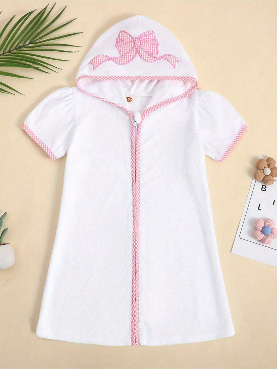 Kid Swim Coverups Bow/Elephant Embroidery Short Sleeve Hooded Robe Zip-Up Towel Beachwear - 粉色 - 查看 1