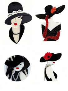 1pc Handmade Retro Modern Woman With Hat Acrylic Brooch, Vintage Cartoon Character Portrait Pins