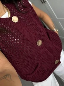 Ladies' Fashionable Round Neck Pocket Metal Button Knit Vest