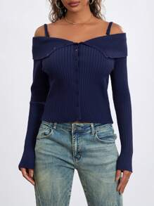 Women's Autumn Slim Knit Tops Solid Color Off Shoulder Long Sleeve Sweaters Knitwear - Blue - View 4