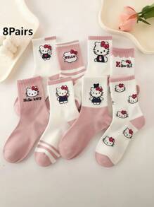 Sanrio 8 Pairs Women Hello Kitty Pink Round Toe Socks - Cute Cartoon Design, Soft Stretchy Polyester Blend, Versatile Casual Wear For Teens, Fashionable Character Themed Soft And Adorable Socks Christmas Gift - Multicolor - View 7