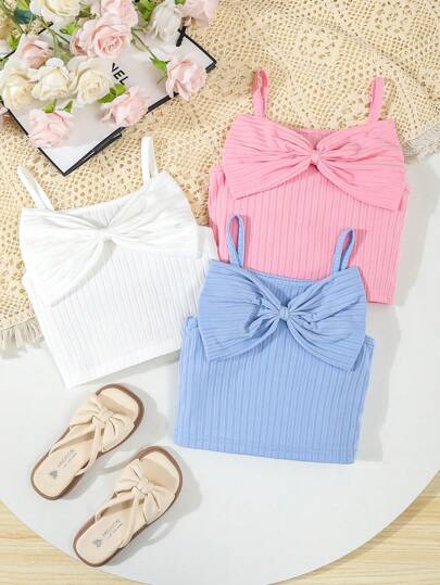 3pcs/Set Girls Large Bow Decor Camisole Sleeveless Shirt, Lightweight Summer Casual Outerwear Top