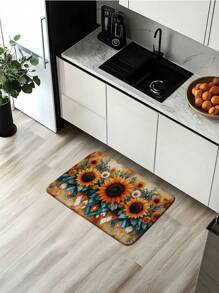 1pc Bohemian Sunflower Bathroom Decor Mat, Geometric Rhombus Flannel Kitchen Carpet, Absorbent, Quick Dry And Anti-Slip, Suitable For Bathroom, Kitchen, Living Room, Home Decor