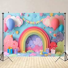 Colorful Floral And Rainbow Arch Photo Frame Background - Photographic Background With Hot Air Balloon And Honeycomb Design, Suitable For Parties, Home Decor And More - Multicolor - View 9