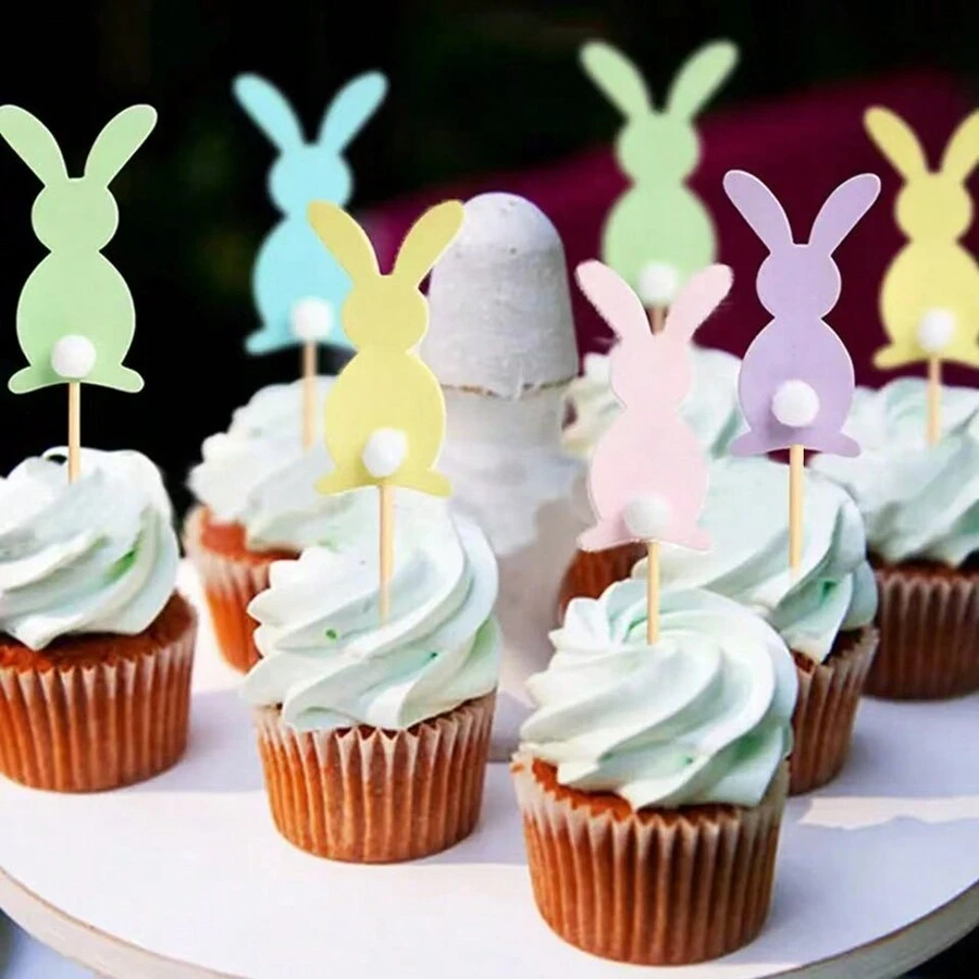 15pcs/10pcs/5pcs Cute Cartoon Easter Rabbit Cupcake Topper For Easter Birthday Party DIY Cupcake Dessert Baking Decoration - Multicolor - View 1