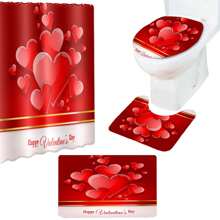 Juego de cortina de ducha para el día de San Valentín con estampado de corazones, alfombrilla para el suelo, funda para inodoro para baño - Rojo - Ver 1