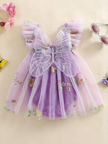 Toddler Baby Girl Butterfly Wings Romper Fairy Dress Princess Sleeveless Tulle Butterfly Wing Skirt Birthday Party Tutu Dress - Màu tím - Xem 2
