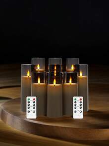 9 件/套电池供电闪烁无焰 LED 柱状蜡烛，带遥控器和 2/4/6/8 小时定时器，亚克力 LED 蜡烛（2.3 英寸 X 5 英寸、6 英寸、7 英寸） - 灰色 - 查看 3