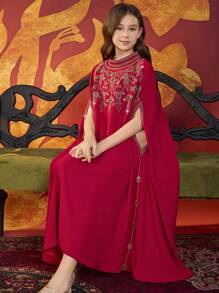 Tween Girl Arab Style Red Maxi Dress, Dubai Tourist Long Robe, New Design - Red - View 6