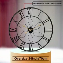 28 Inch Large European Vintage Style Metal Wall Clock, Silent Movement, Rustic Garden Decoration, Fashionable Creative Clock For Outdoor And Indoor Use - 黑色 - 查看 4