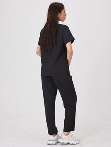 1 Set Of Multi-Color Scrubs Set Including V-Neck Top With 2 Pockets And Elastic Waist Pants, Breathable Material, Suitable As Work Uniform For Professionals Such As Doctors, Nurses, And Dentists, Designed For Women - Black - View 5
