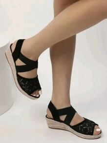 Sandalias de cuña con detalles de cuerda, zapatos de moda para mujer - Negro - Ver 7