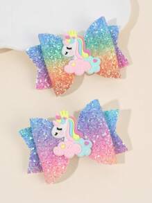 2 件彩色独角兽蝴蝶结发夹，闪光鳄鱼夹发夹，可爱发饰，适合幼儿派对礼物 - 彩色 - 查看 2