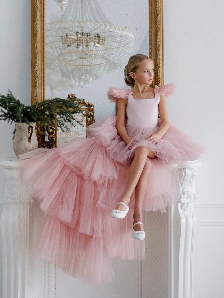 Tween Girl Butterfly Pearl Bow Tail Design Net Tulle Graduation Party Pink Princess Dress, Suitable For Girls Birthday Gift, Formal Gown, Wedding Bridesmaid Flower Girl, Holiday Celebration - 粉色 - 查看 1