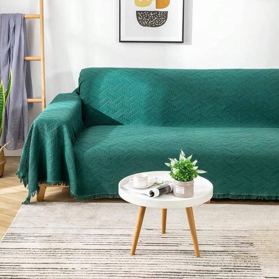 Loveseat Cover Sheet Blanket, Cotton Woven Reversible Anti Slip Cushion Covers 2 Seater Couches With Armrest, Living Room Furniture Decor Slipcovers Protector Pets - 墨綠色 - 查看 1