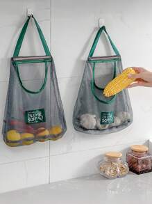 1 件大容量双层悬挂式网状储物袋，可重复使用的袋子，坚固的水果蔬菜袋，可清洗的壁挂式水果篮，适用于大蒜土豆洋葱或食品储藏室，适合在厨房使用，厨房储物用品 - 墨綠色 - 查看 3