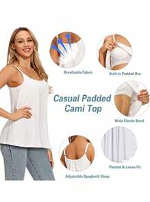 Built In Bra Padded Women Camisole Cami Vest Plus Size 2 In 1 Push Up Tank Tops Summer Beach Flowy Swing Casual Loose Fit Blouse Top Shelf Bra Spaghetti Strap S To 4XL - 白色 - 查看 4